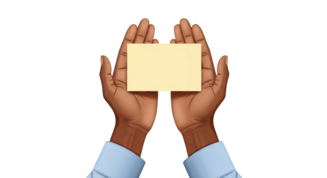 Isolated depiction of dark-skinned person holding business card for advertisement or message