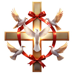 Cross with doves and red bows isolated on transparent background