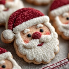 Delightful hand-decorated Santa cookies with vibrant red hat and fluffy texture for festive joy
