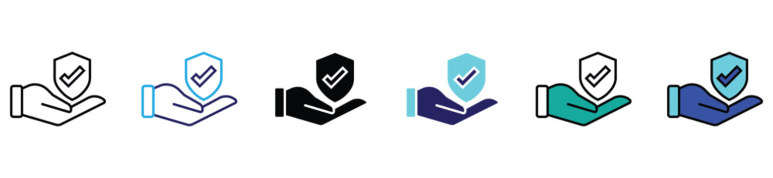 Hand holding shield icon set. Protection, insurance, and security symbols. Vector illustration