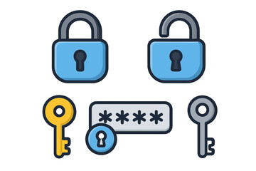 Secure digital privacy icons set with locks, keys, password symbols, cybersecurity protection, data safety, access control, encryption, vector cartoon illustration