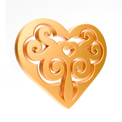 Realistic illustration of shiny golden heart with kazakh ornament isolated on white background. Symbol of love, romantic and Wedding. 3d rendering of heart shape