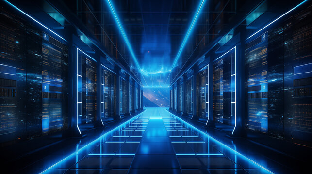 Modern server room interior, network infrastructure with neon lights, data storage and processing, futuristic computing environment, high tech datacenter