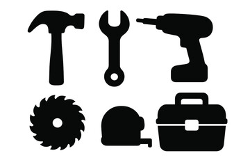 Vector silhouettes of hammer, wrench, cordless drill, saw blade, tape measure, and toolbox icons. Cartoon style tool set with transparent background for construction, DIY, repair, home improvement.