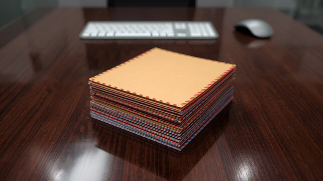 Stack of colorful paper on a desk with a keyboard and mouse in the background.