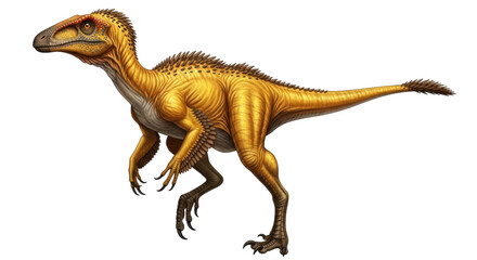 Isolated dinosaur standing in profile, fearsome predator, claws and teeth visible, extinct creature