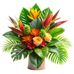 Tropical flower arrangement with exotic blooms and green foliage isolated on transparent background