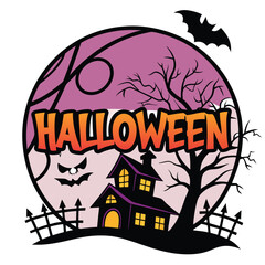 Halloween Haunted House and Moon Scene