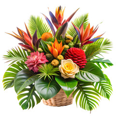 Tropical flower arrangement with exotic blooms and green foliage isolated on transparent background