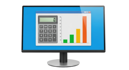Isolated computer monitor displaying a bar graph and calculator application software