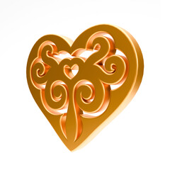 Realistic illustration of shiny golden heart with kazakh ornament isolated on white background. Symbol of love, romantic and Wedding. 3d rendering of heart shape