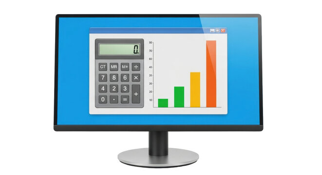 Isolated computer monitor displaying a bar graph and calculator application software