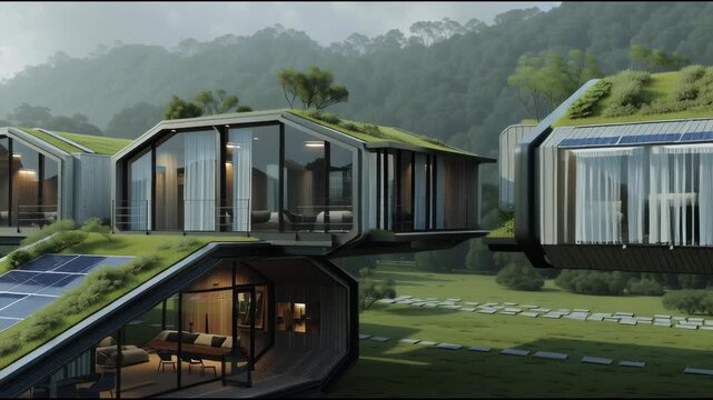 Futuristic modular housing concept with solar panels and green terraces, 3D render