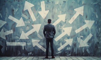 Businessman contemplating direction choices in front of arrow covered wall, business strategy and decision making concept.