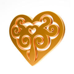 Realistic illustration of shiny golden heart with kazakh ornament isolated on white background. Symbol of love, romantic and Wedding. 3d rendering of heart shape