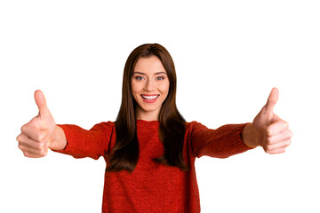 Portrait of enthusiastic cute funky girl promoter show thumb up enjoy promotion select suggest ...