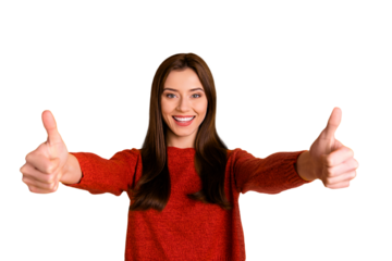 Portrait of enthusiastic cute funky girl promoter show thumb up enjoy promotion select suggest  adverts wear red pullover isolated over yellow color background