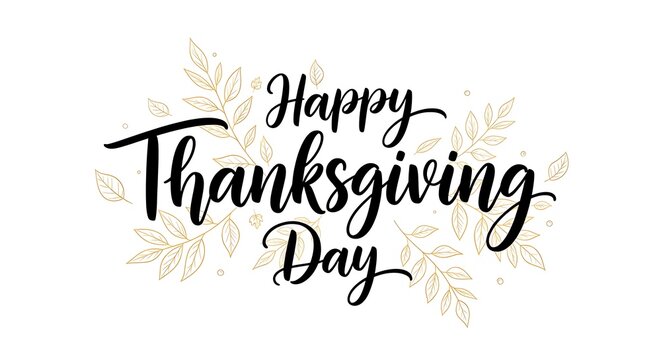 Elegant hand lettered calligraphy for happy thanksgiving day with delicate floral accents and a white background perfect for festive greetings and seasonal designs