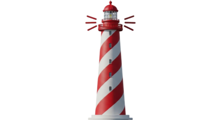 Isolated, detailed view of a striking red and white spiral striped lighthouse, maritime