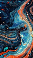 Abstract painting with blue orange red swirling patterns representing vast galaxies and cosmic beauty on dark background with glitter.