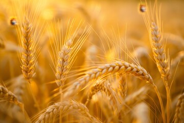 Close-up of golden wheat field at sunset with detailed grain textures, soft warm light and blurred background evoking rustic abundance.