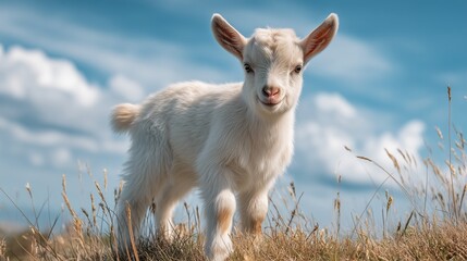 Fototapeta premium Baby goat standing on grassy hill, sunny farm background, joyful lifestyle