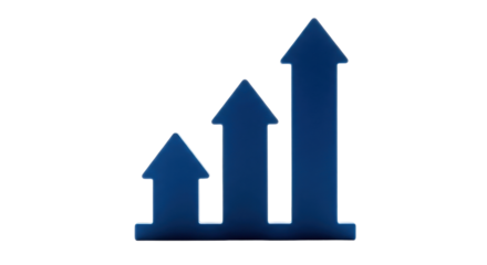 Isolated increasing bar graph icon or chart, three ascending levels, arrowheads pointing up