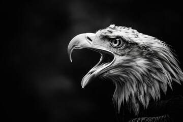 Powerful eagle head screaming in high contrast black and white, cinematic wildlife portrait on dark background.