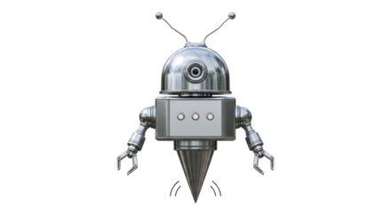 Isolated Metallic Robot Figure with Antennae and Claw Hands on Display against Backdrop