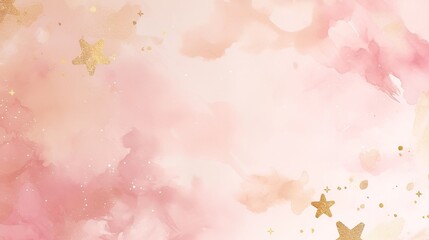 Light pink watercolor background, with edges adorned with gold star patterns, printed artwork, space left in the center for text, perfect for traditional style designs or wedding cards.