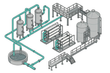 Obraz premium Industrial water purification plant with multiple tanks, filtration units, and interconnected piping system for clean water production