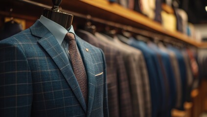 A tailored blue plaid suit on a mannequin, surrounded by other suits in a shop setting
