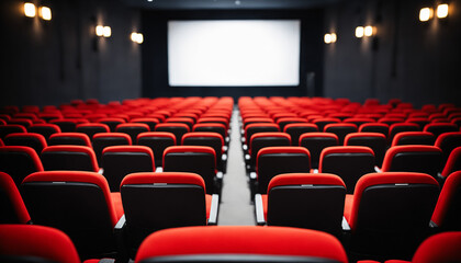 empty cinema theater interior with rows of red velvet seats and blank screen