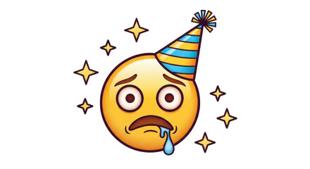 Isolated drooling face with party hat and stars emoji icon. A dizzy cartoon emoticon