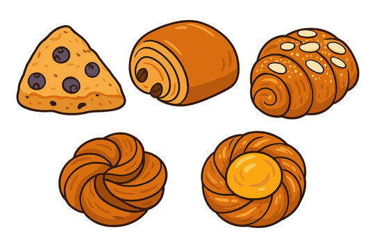 Delicious assortment of freshly baked pastries including golden croissants, sweet danishes, and a blueberry scone