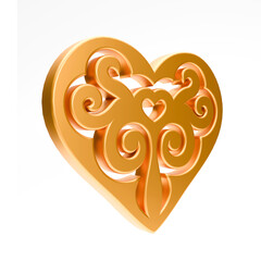 Realistic illustration of shiny golden heart with kazakh ornament isolated on white background. Symbol of love, romantic and Wedding. 3d rendering of heart shape