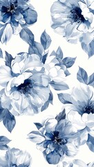 Vintage blue and white floral pattern with intricate details, seamless pen drawing style with shading for elegant design.