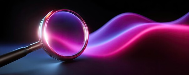 Data analysis with SEO focus and magnifier concept. A vibrant magnifying glass focusing on colorful light waves.