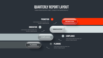 Advertising Visualization 4 Step Diagram Presentation Layout. Project Report Slideshow Template Vector Illustration. Modern Launch Four Element Infographic Frame Design.