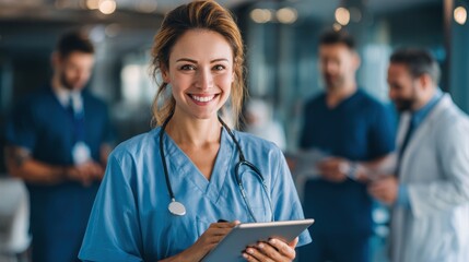 Happy woman doctor on tablet for employees management, hospital workflow and clinic staff solution on software or app. Healthcare manager on digital tech for medical team research or problem solving