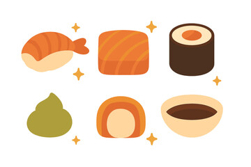 Collection of various Japanese sushi pieces including nigiri, maki, and sashimi with traditional condiments