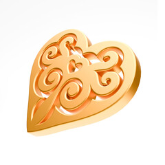 Realistic illustration of shiny golden heart with kazakh ornament isolated on white background. Symbol of love, romantic and Wedding. 3d rendering of heart shape