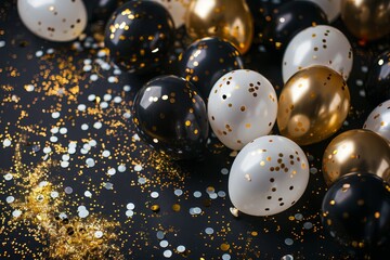 Pile of black white and gold balloons with glitter on dark background, party celebration decoration in close-up shot.