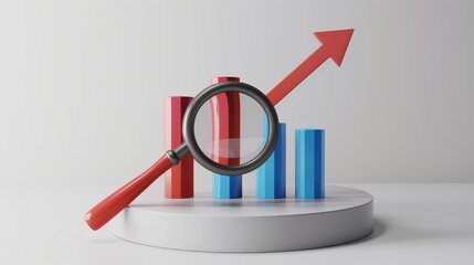 Red and blue bar graph on podium with growth arrow and magnifying glass for data analysis on white background, 3D rendering.