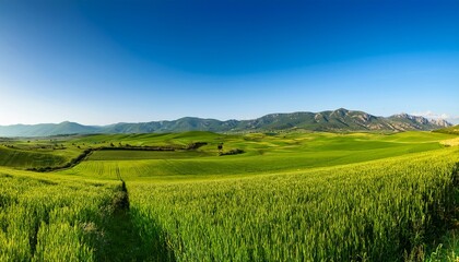 Fototapeta premium The Serene Landscape Features Lush Green Fields Stretching Towards Distant Mountains Under A Clear Blue Sky The Spanish Countryside