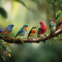 Obraz premium Colorful various species of small tropical songbirds perched on a mossy tree branch in a lush green forest with soft natural light