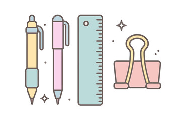 Obraz premium Assortment of colorful stationery items with pens, a ruler, and a binder clip for office and school