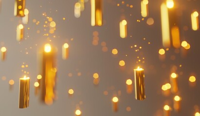 Set of 3D gold candlestick chart icons floating against grey background, financial trading data and market analysis concept.