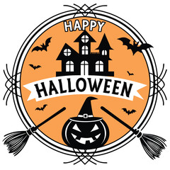 Happy Halloween Haunted House Emblem Design
