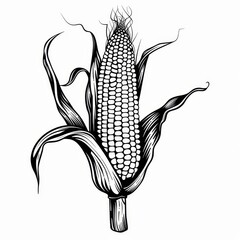 Black and white vector line drawing of an ear of corn with upward silk, minimalist design for clipart, logo, or coloring page.